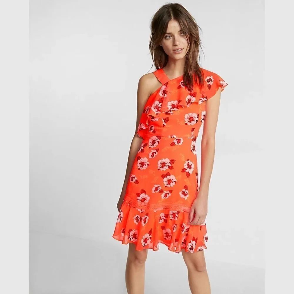 ✨HP✨Neon Floral Print Asymmetrical Ruffle Dress✨